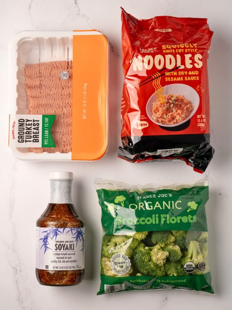 Trader Joe's extra lean ground turkey breast, knife cut noodles, soyaki sauce, and broccoli florets