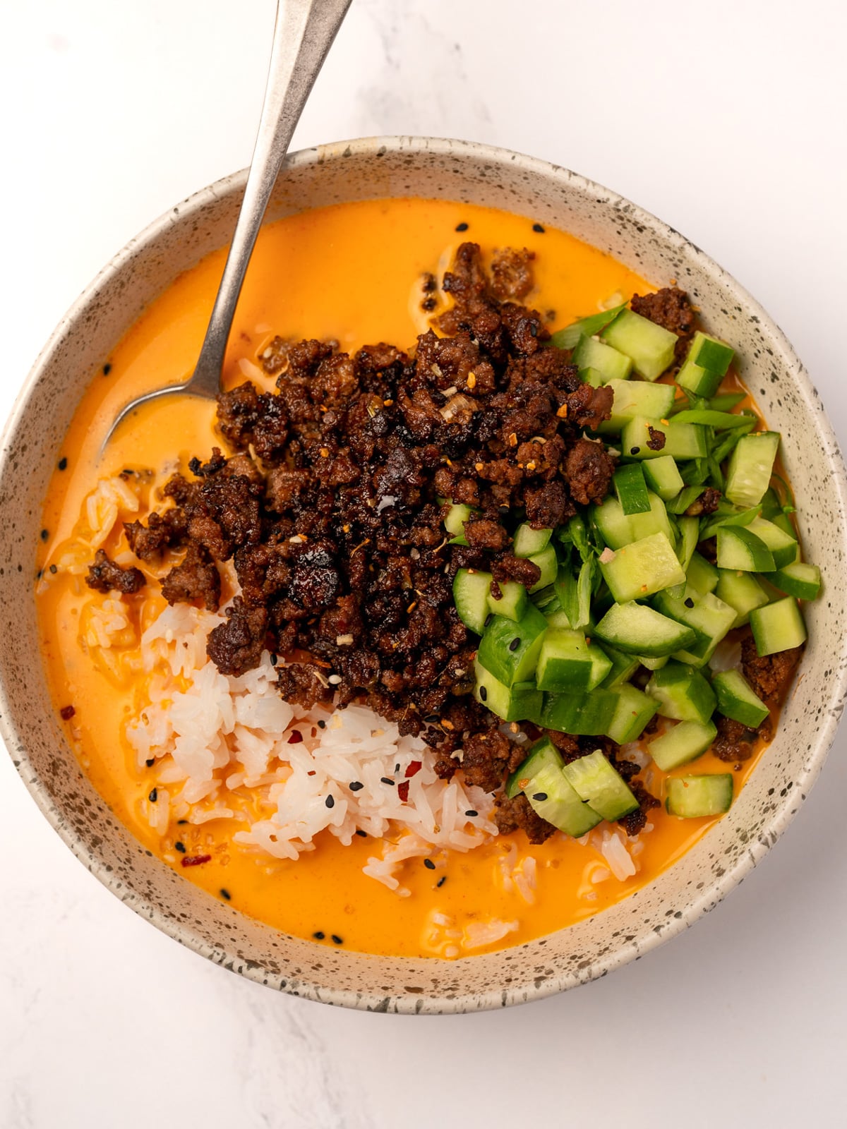 Crispy Ground Beef and Rice with Creamy Gochujang Broth
