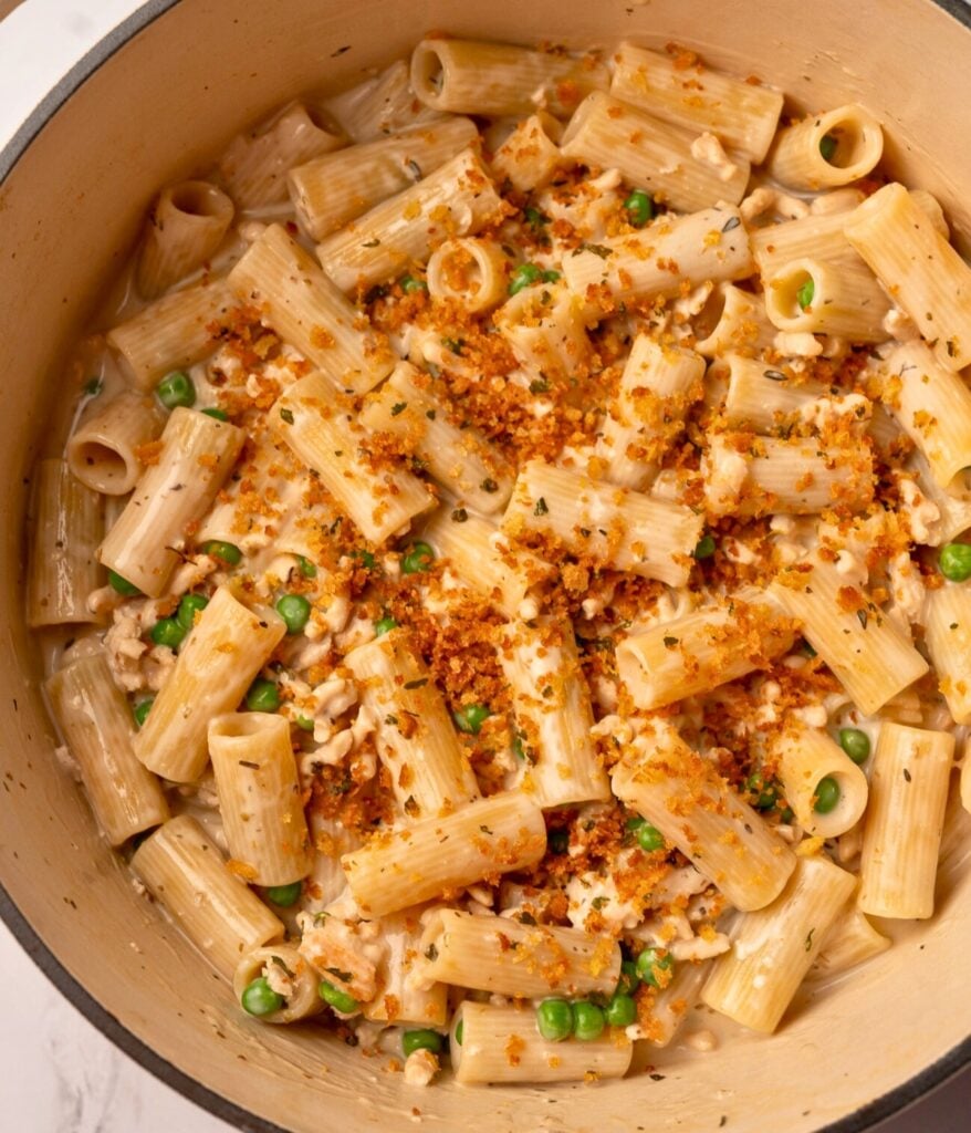 rigatoni with cottage cheese alfredo sauce in a Dutch oven
