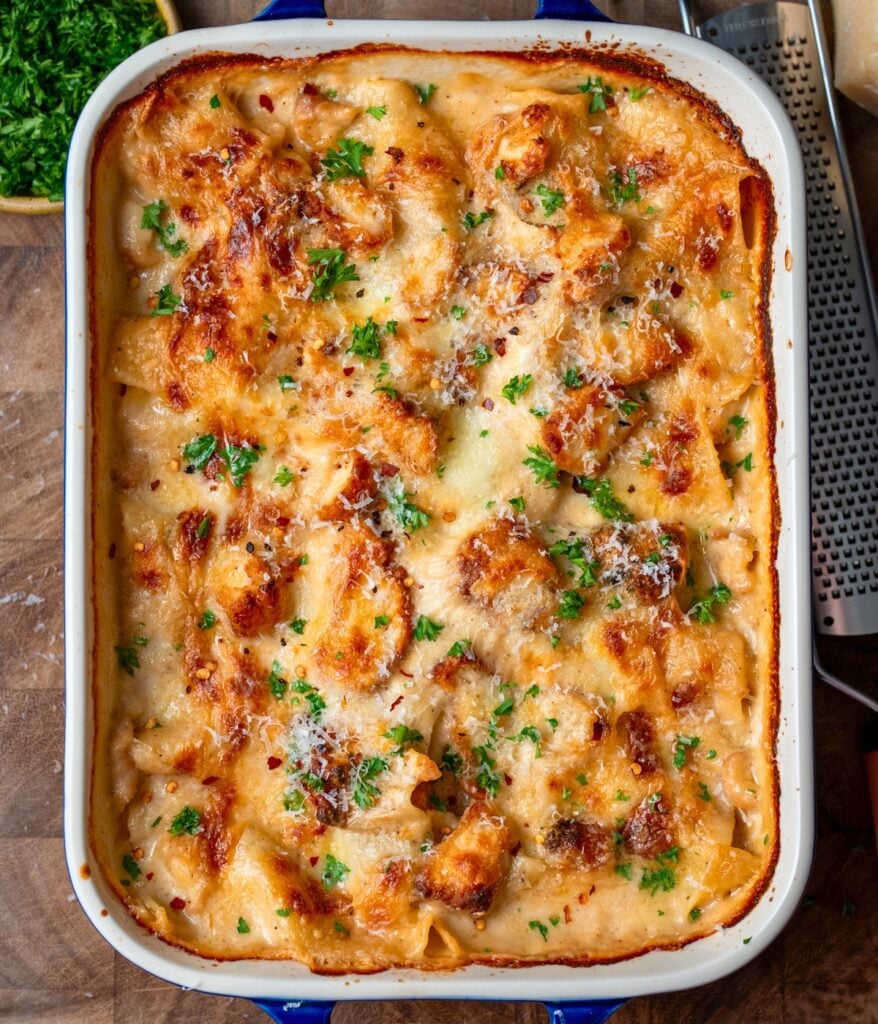 baking dish with alfredo lasagna