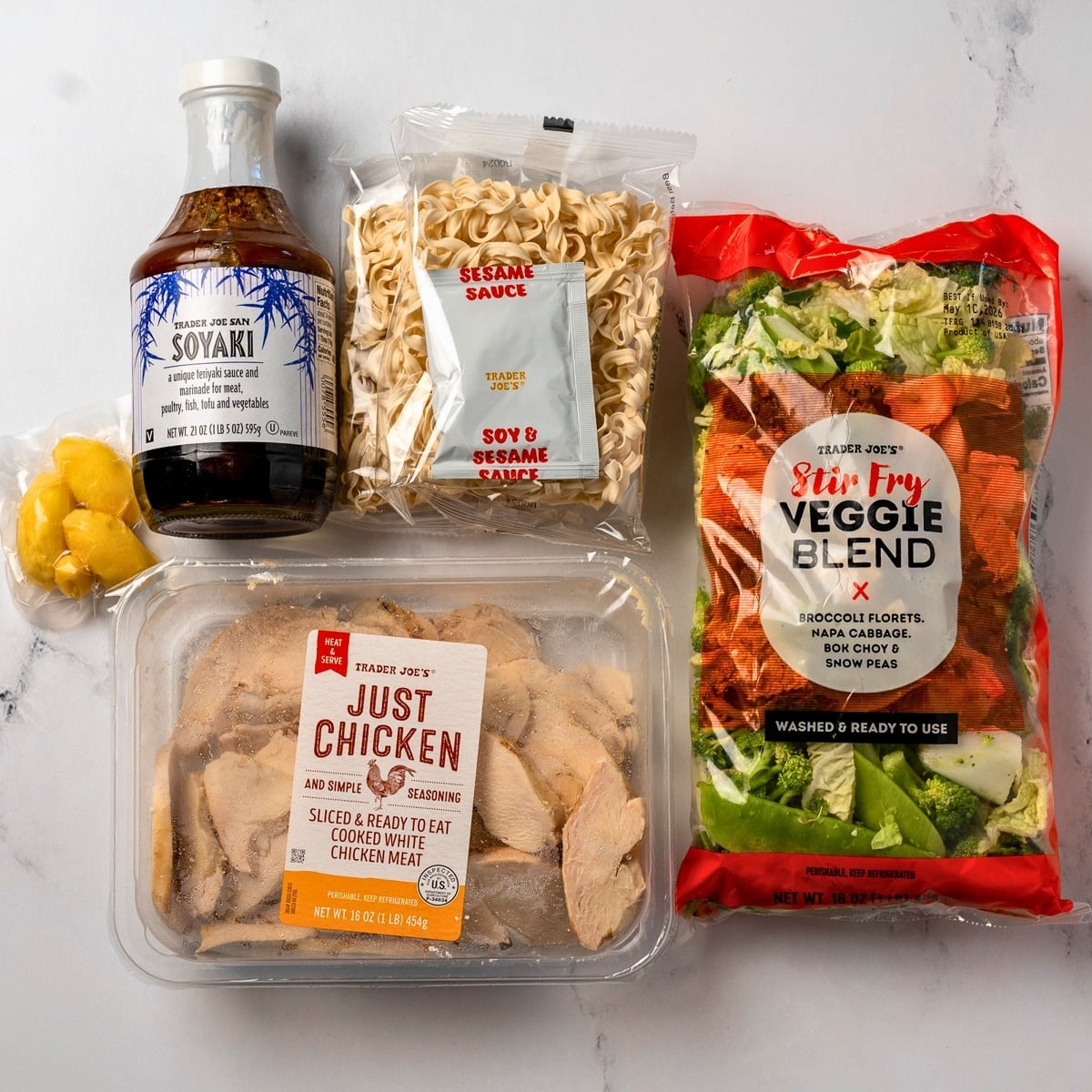 Trader Joe's Just Chicken, stir fry veggie blend, peeled ginger, Soyaki sauce, and instant noodles
