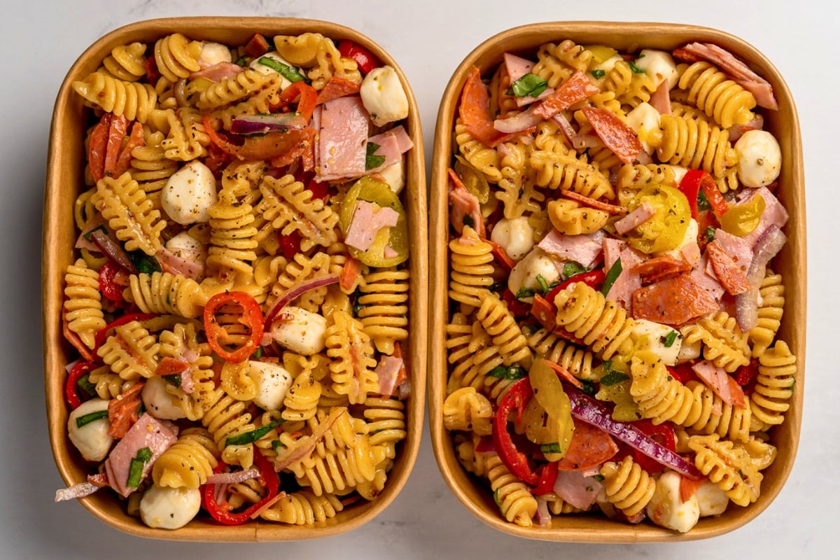 two meal prep containers with pasta salad