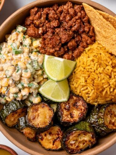 taco beef and roasted zucchini taco bowl