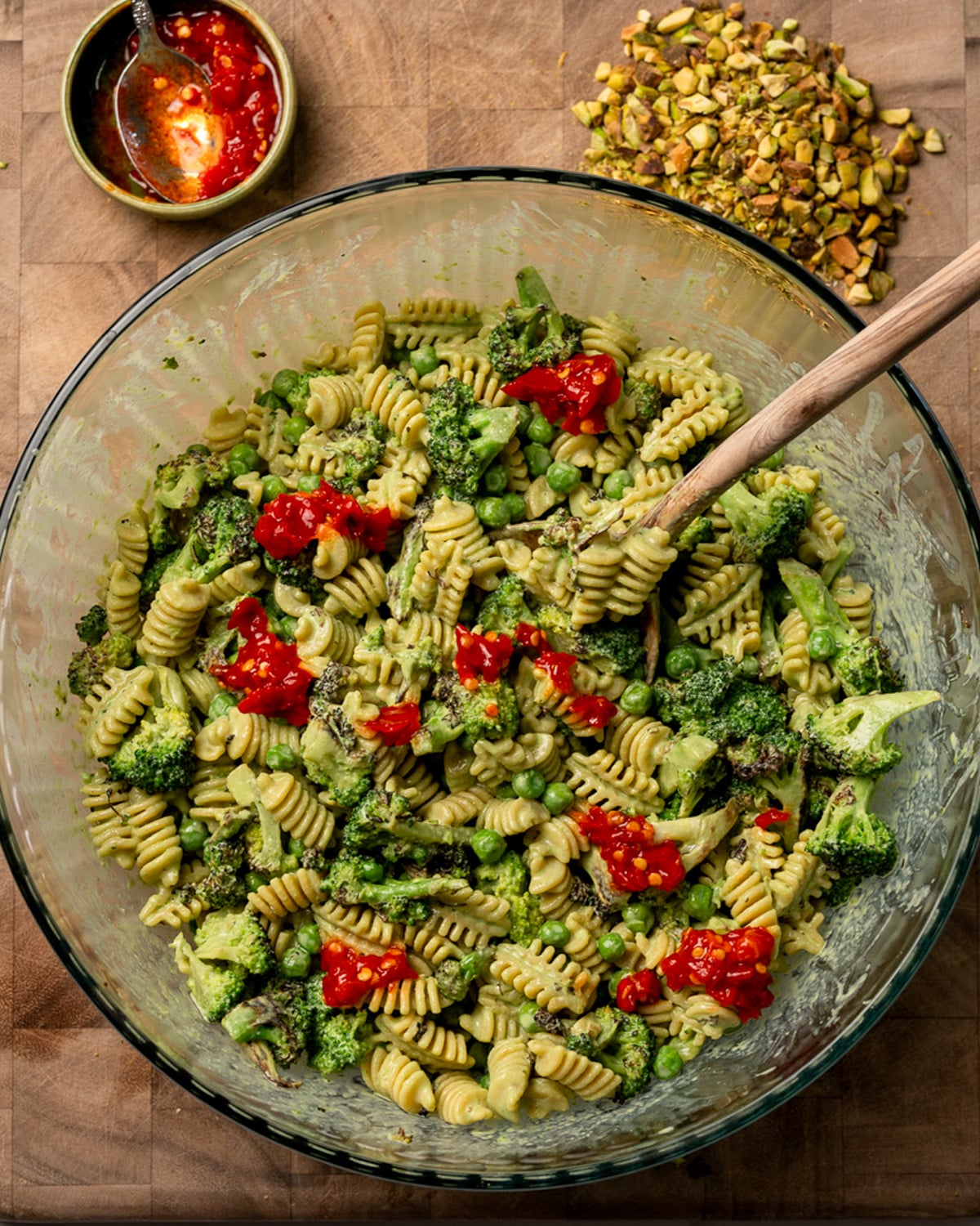 mixed pasta salad in a glass bowl