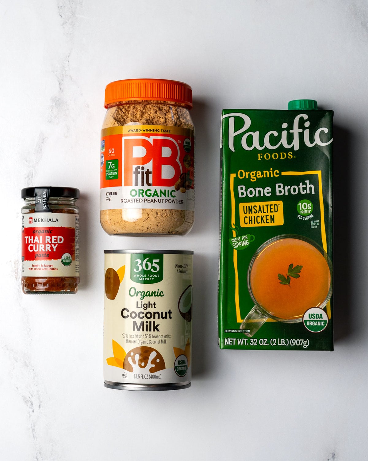 powdered peanuts, bone broth, coconut milk, and Thai red curry paste