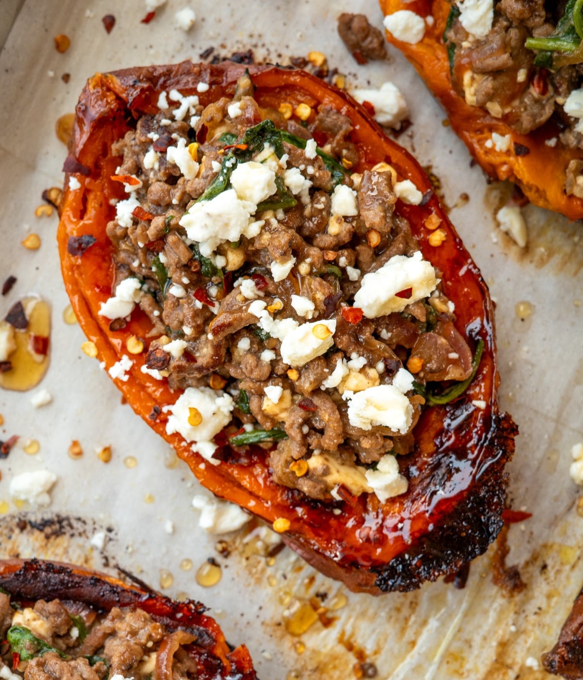 roasted sweet potato half stuffed with ground beef and spinach 
