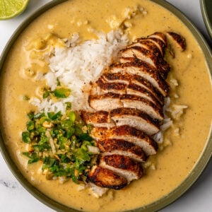 creamy corn brothy rice topped with air fried chicken breast and jalapeño salsa