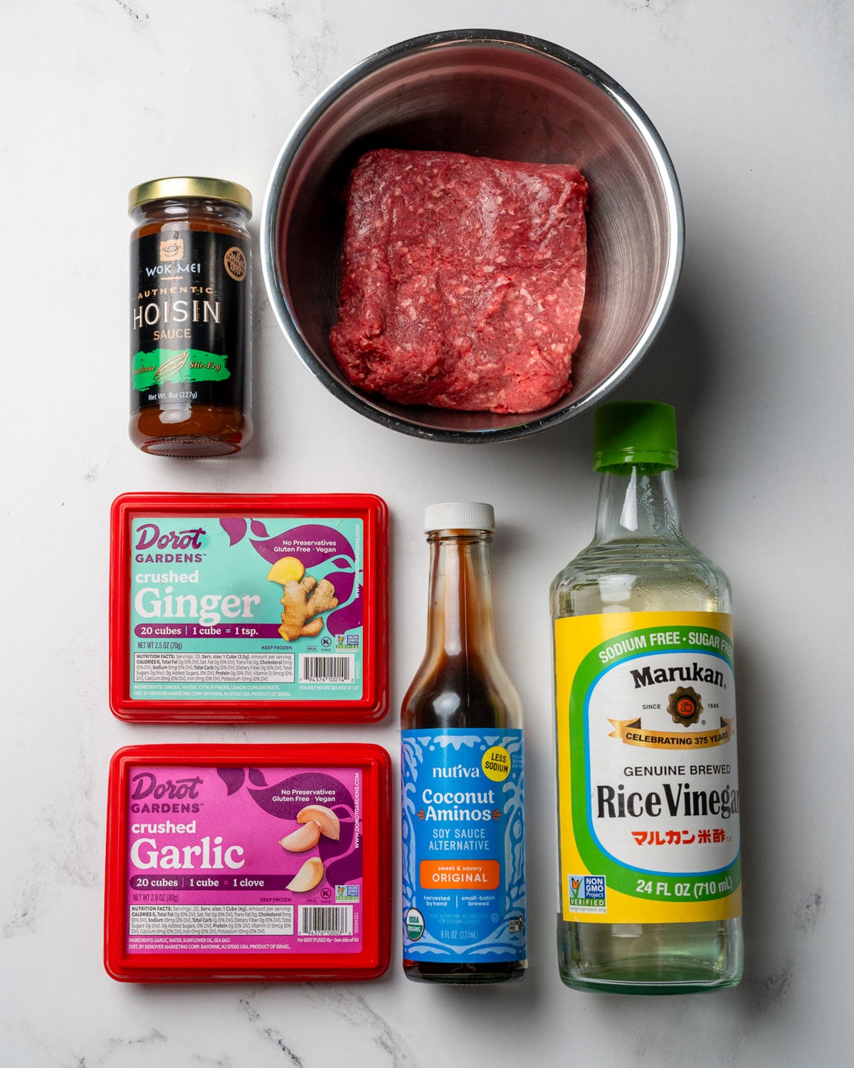 lean ground beef, hoisin sauce, frozen garlic and ginger cubes, coconut aminos, and rice vinegar