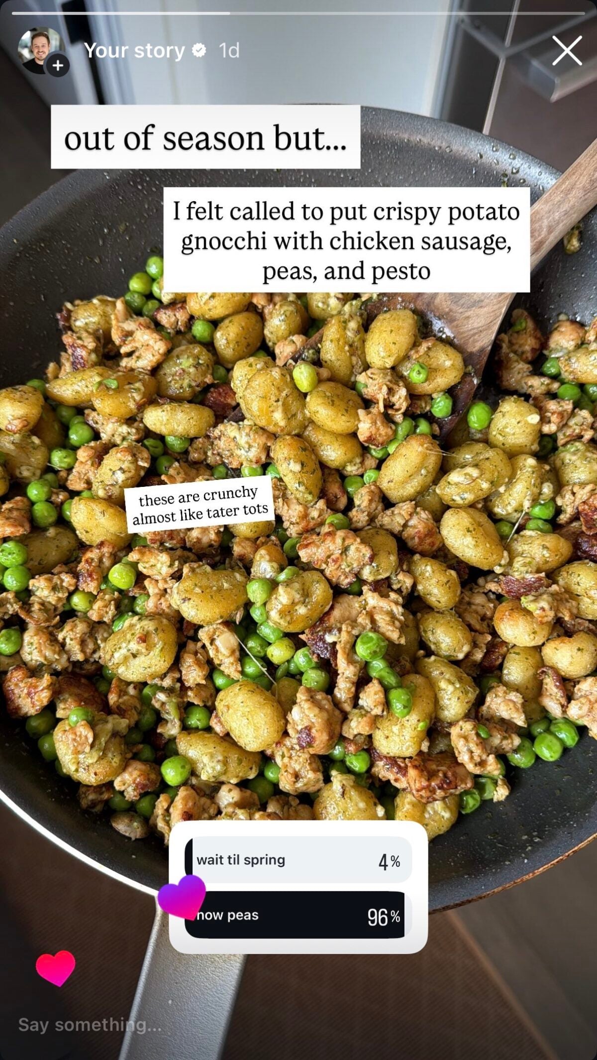 a screenshot from Mason's Instagram taking a poll on whether people cared about seasonality of this dish