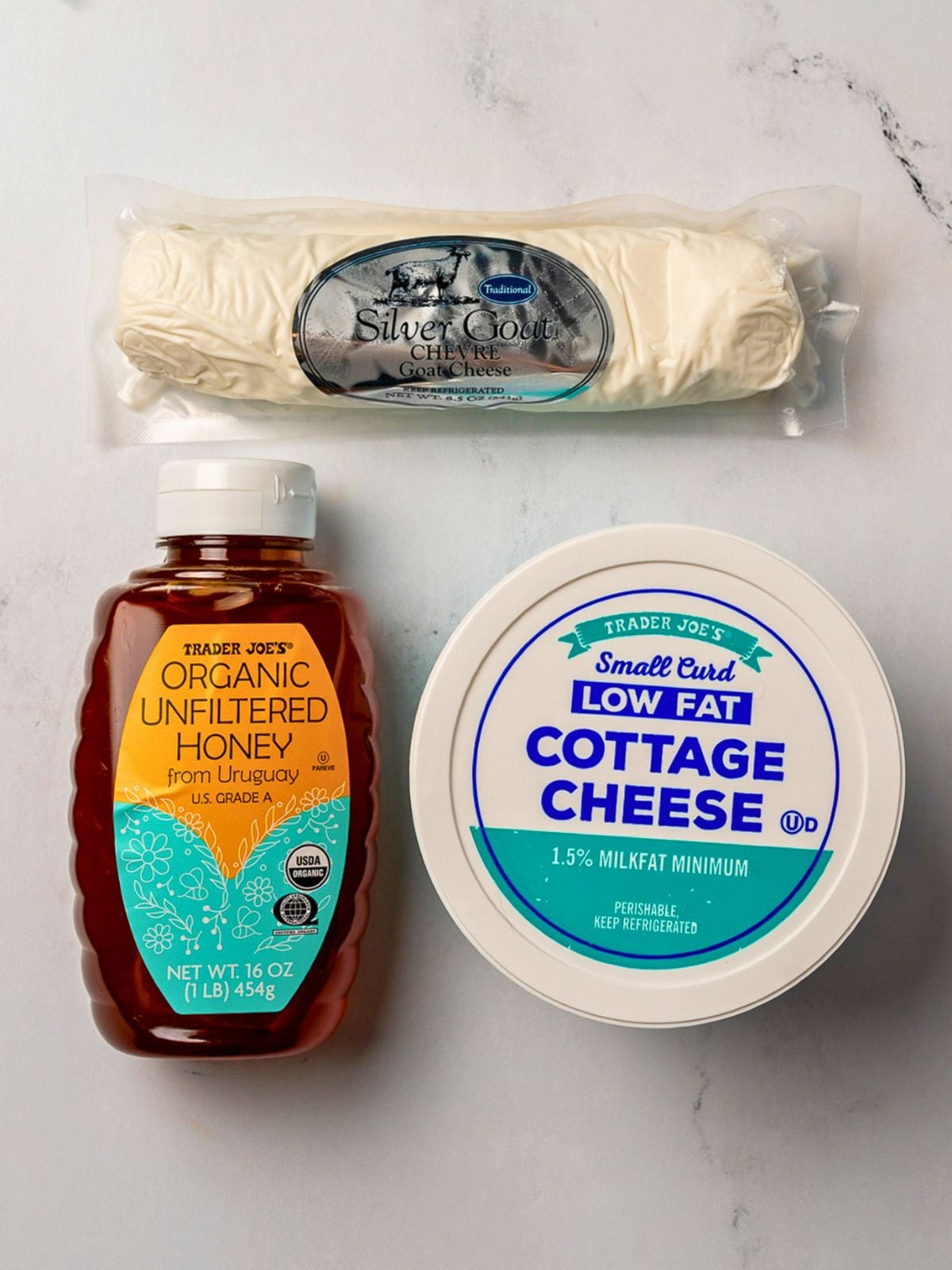 goat cheese, low fat cottage cheese, and honey