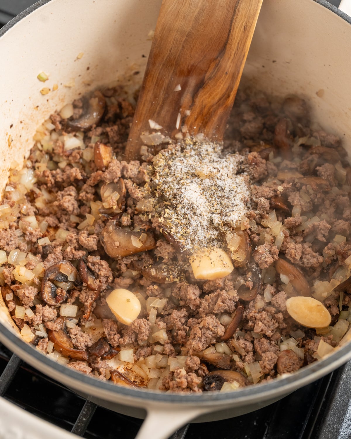 onion, ground beef, and mushrooms with Italian seasoning, salt, pepper, and garlic added