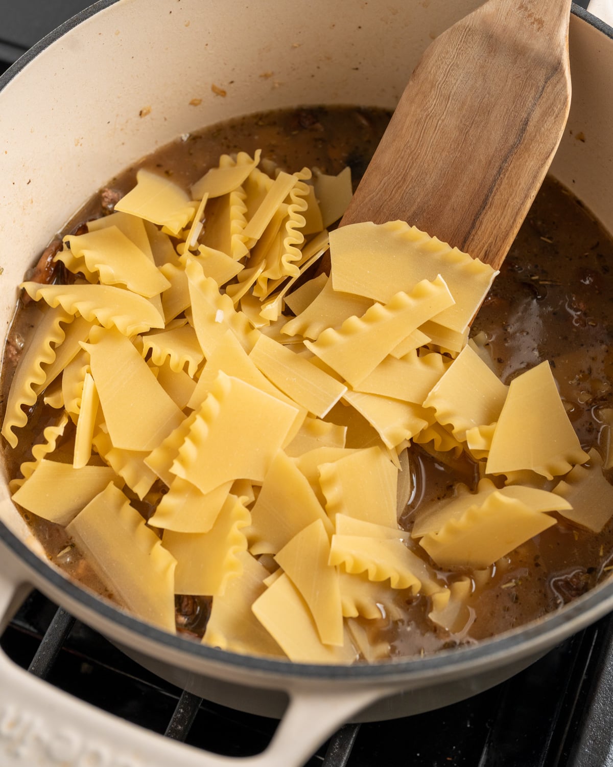 broken lasagna noodles added to soup base