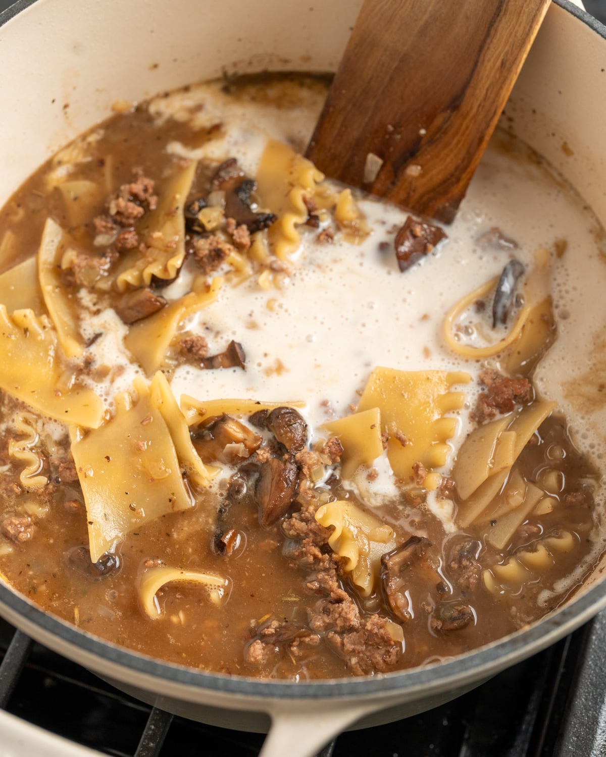 blended white beans and ricotta cheese added to cooked lasagna soup