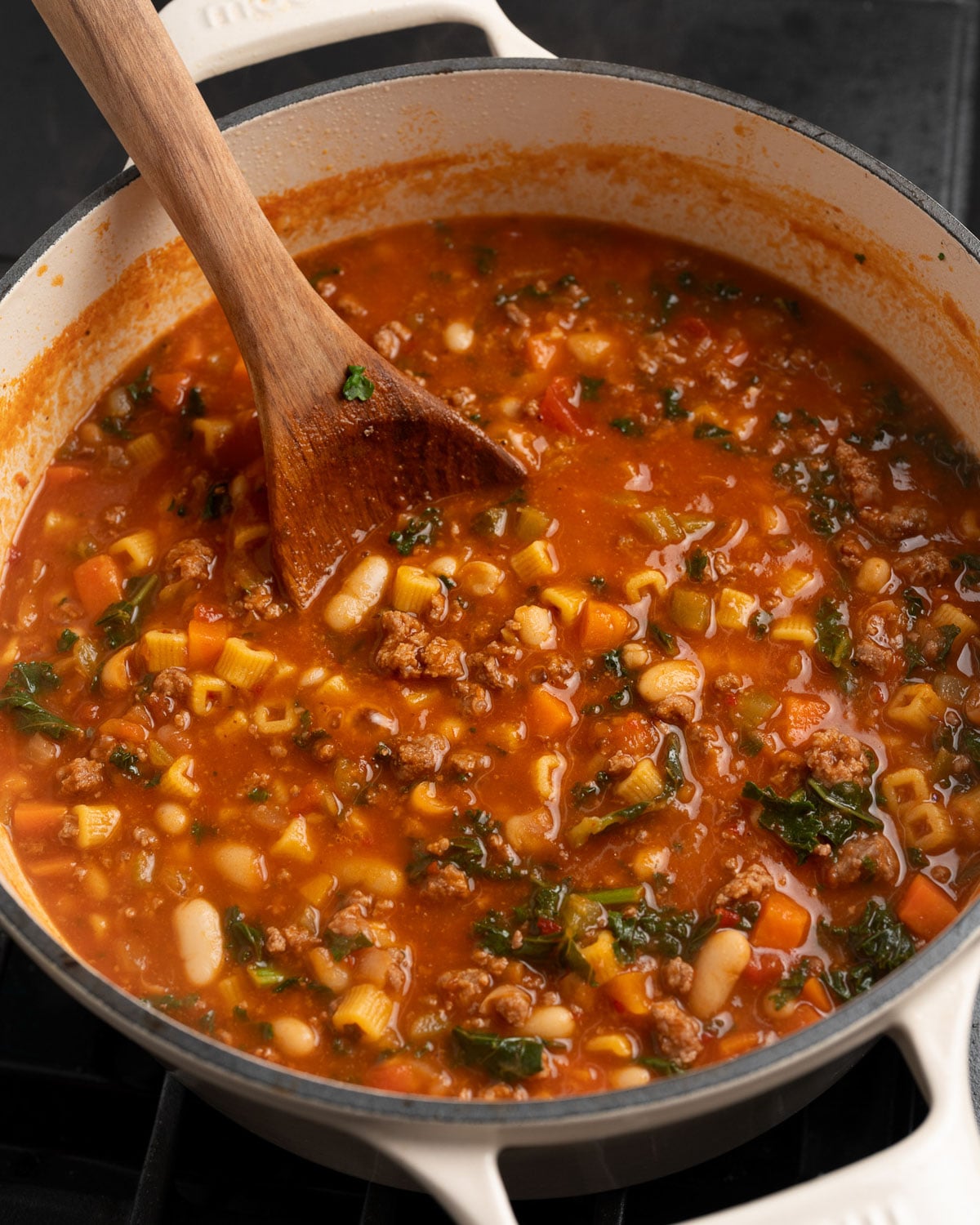 finished pasta fagioli in a Dutch oven