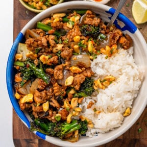 a rice bowl with sticky ginger ground turkey and broccoli stir fry
